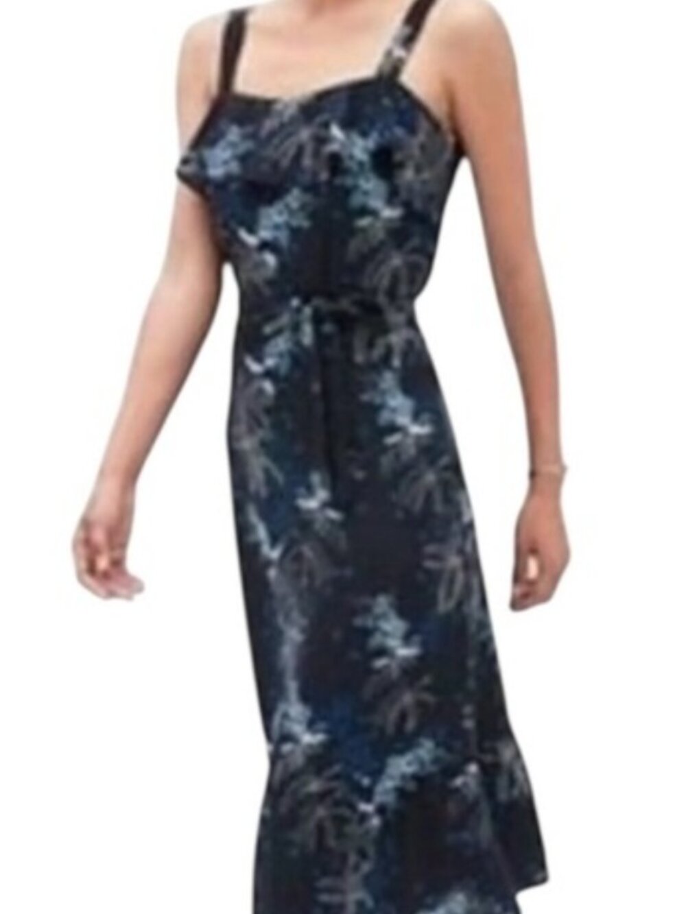 Banana Republic Factory Floral Ruffle Flowy Navy Blue Midi Dress